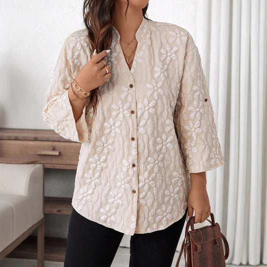 Plus Size Floral Pattern 3/4 Sleeve Shirt