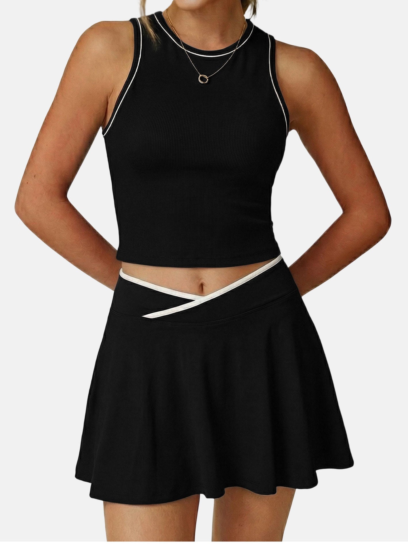 Tennis Skirt Set Golf Half Length Patchwork Skirt Sports Casual Contrast Color Badminton Clothes Outfit (Runs Small)  Shop One Place