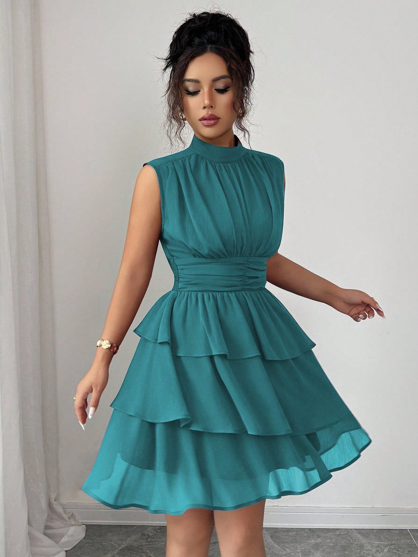 Casual Half Turtleneck Sleeveless Waist Solid Color Cake Layer Short Dress  Shop One Place