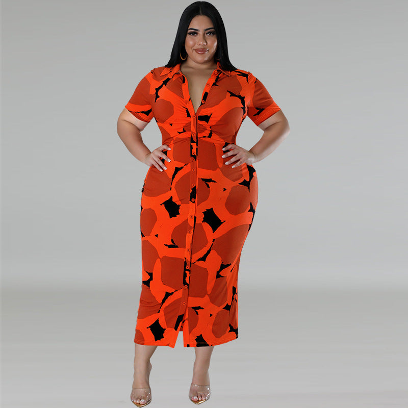 Plus Size Women Button Cardigan Collared Short Sleeve Long Pattern Dress  Shop One Place