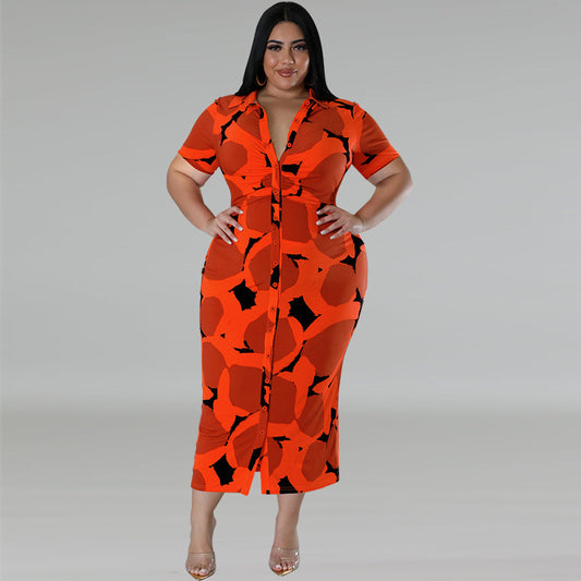 Plus Size Women Button Cardigan Collared Short Sleeve Long Pattern Dress  Shop One Place