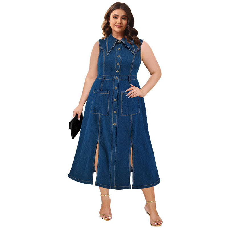 Plus Size Women Clothing Jeans Cardigan Sleeveless Split Maxi Dress