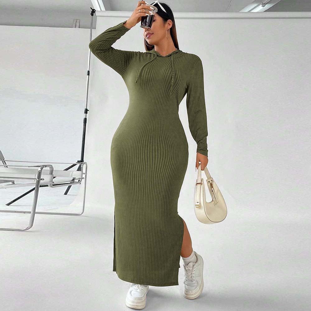 Plus Size Women Clothing Hooded Dress Autumn Winter Simplicity Skinny Sheath Maxi Dress