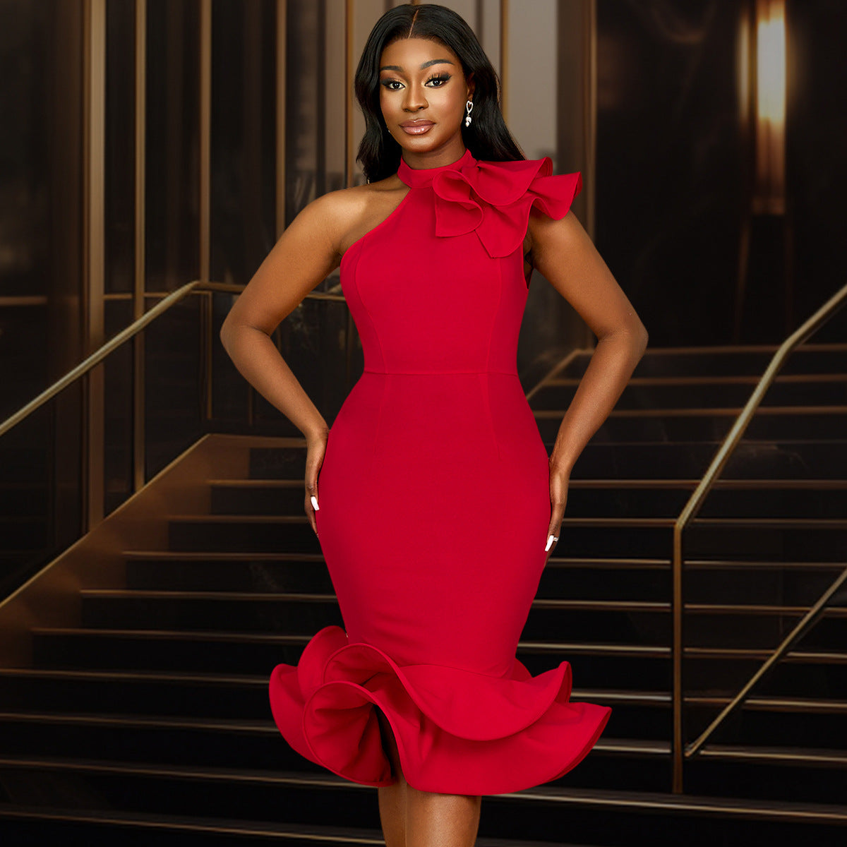 Elegant Half Turtleneck Ruffled Dress off Shoulder Ruffled Hem Cocktail Evening Dress  Shop One Place