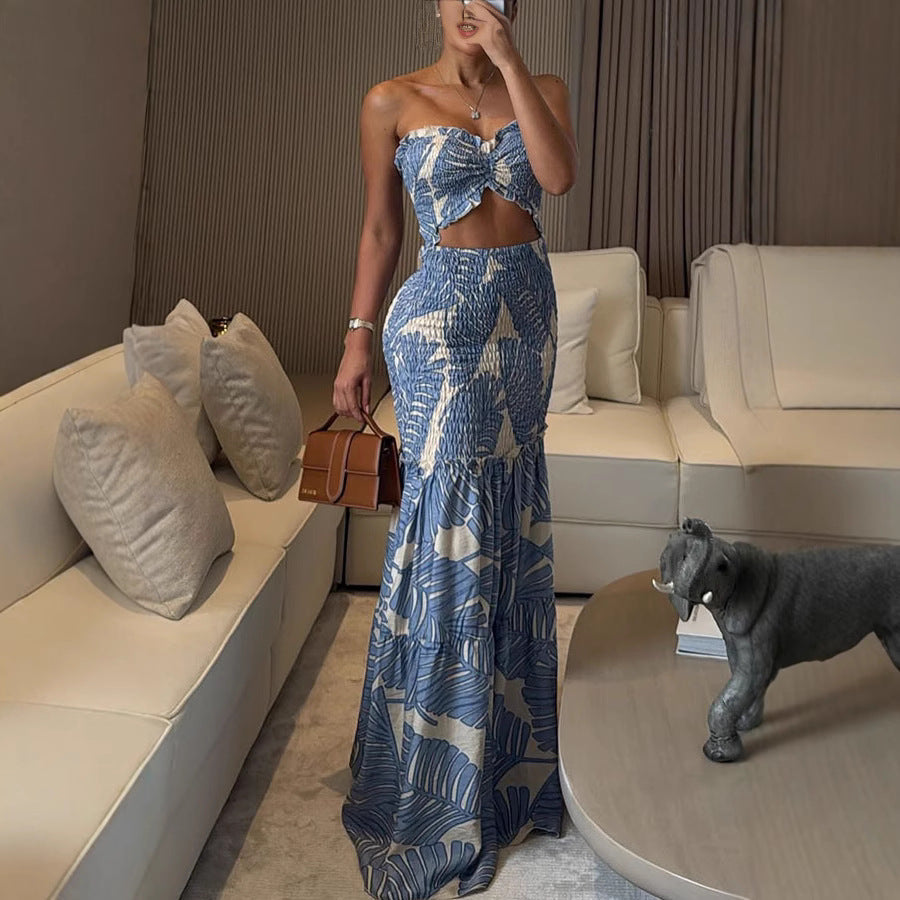 Spring Summer Halter Neck Printed Pleated Dress  Shop One Place