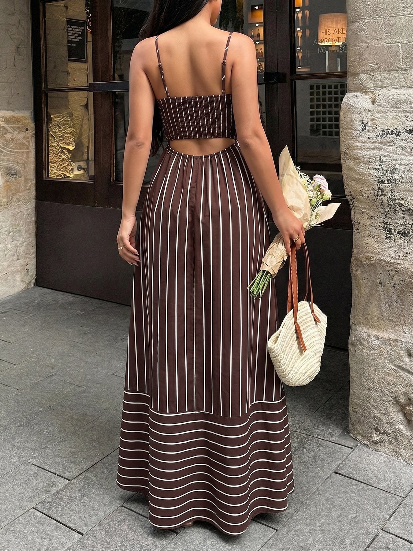 Casual Vacation Striped Spaghetti Straps Backless Waist Trimming Dress  Shop One Place