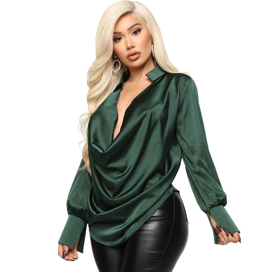 Cowl Neck Large V-neck Satin Shirt  Shop One Place