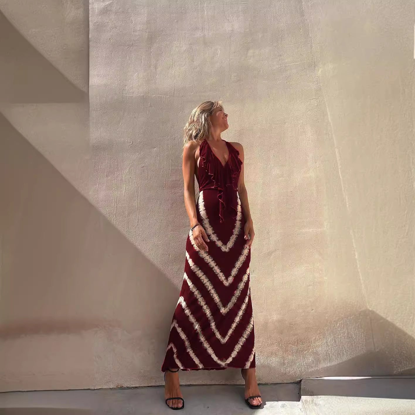 Ruffled V Neck Print Sleeveless A-Line Dress  Shop One Place