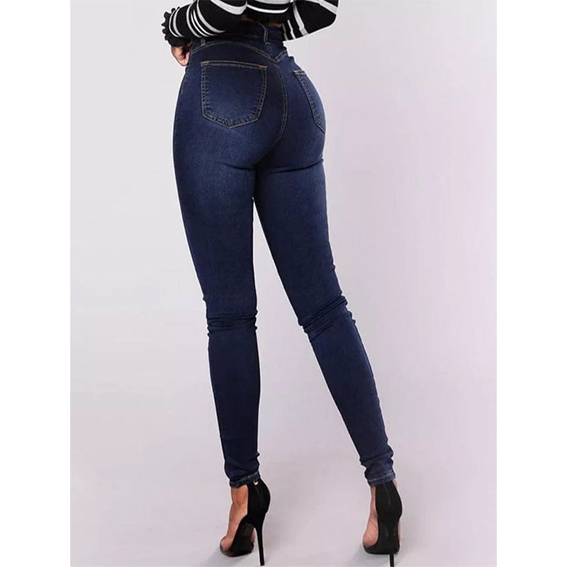 High Waist Double Row Multi Button Slim Stretch Jeans