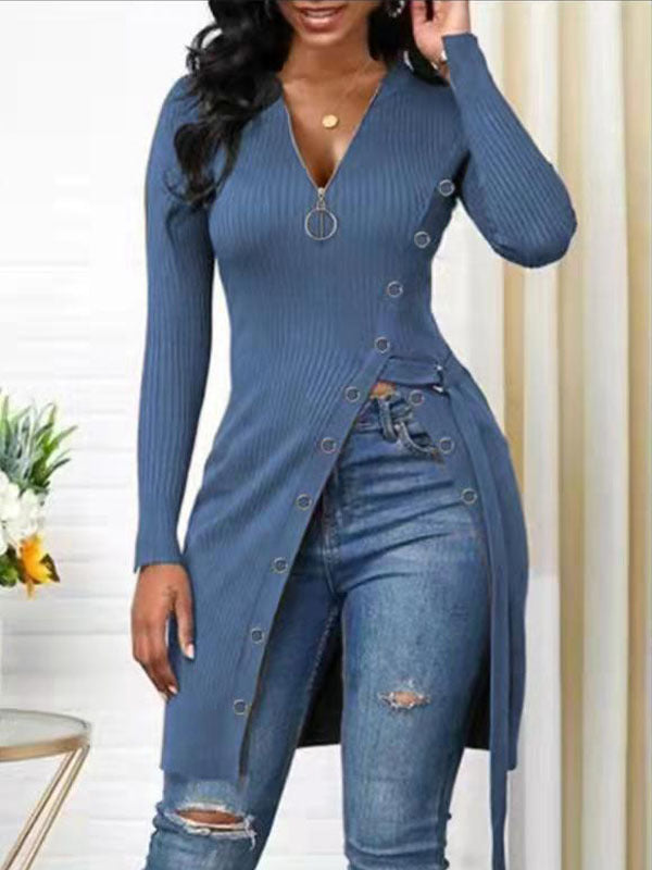 Autumn Winter Women Clothing V-neck Long Sleeve High Slit Thread Zipper T-shirt Top  Shop One Place
