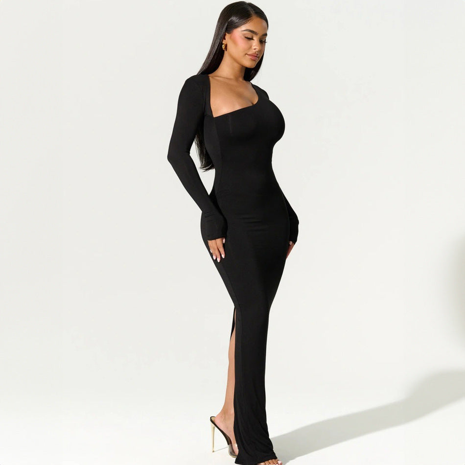 Women's Summer Sexy Slim Fit Slimming Long Sleeves Diagonal Collar Back Slit Dress