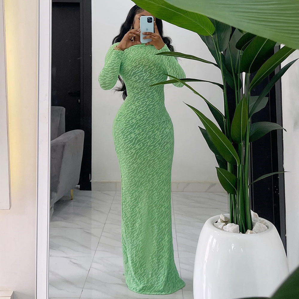 Round Neck Long Sleeve Flocking Slim Fit Dress  Shop One Place