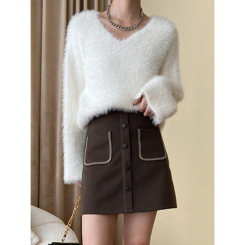 V Neckline Mink like Wool Soft Glutinous Sweater  Shop One Place