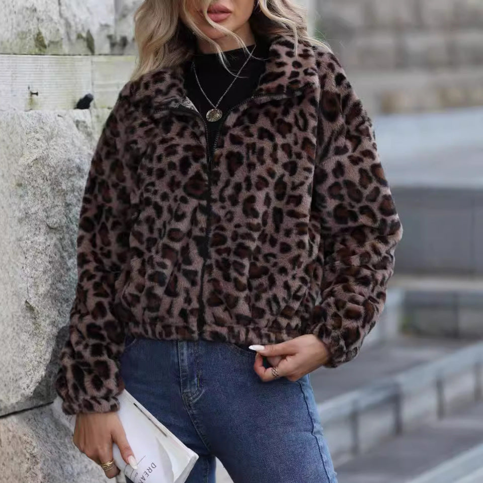 Flash Velvet Women Loose Zip Long Sleeve Leopard Print Plush Coat