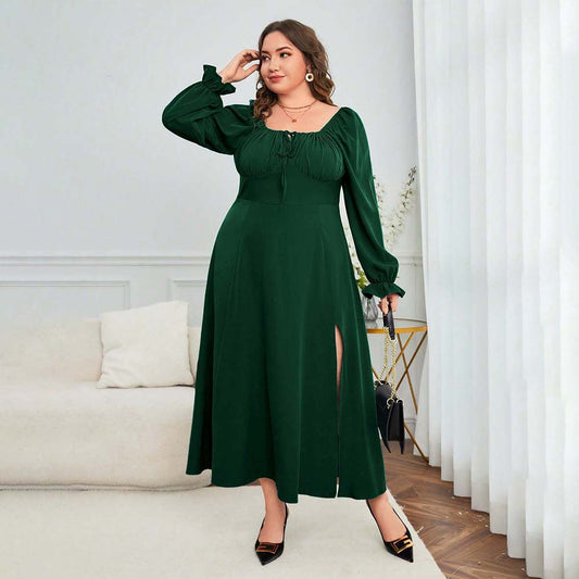 Plus Size French Elegant High Waist Slit Square Collar Midi Dress