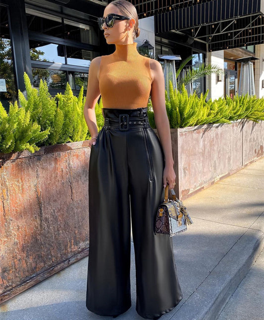 High Waist Faux Leather Wide Leg Pants with Metal Belt