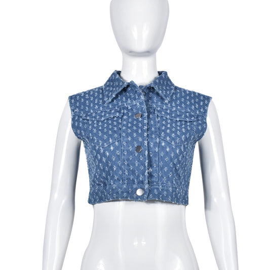 Summer Denim Hole Pattern Washed Trendy Overalls Sleeveless Vest Top  Shop One Place