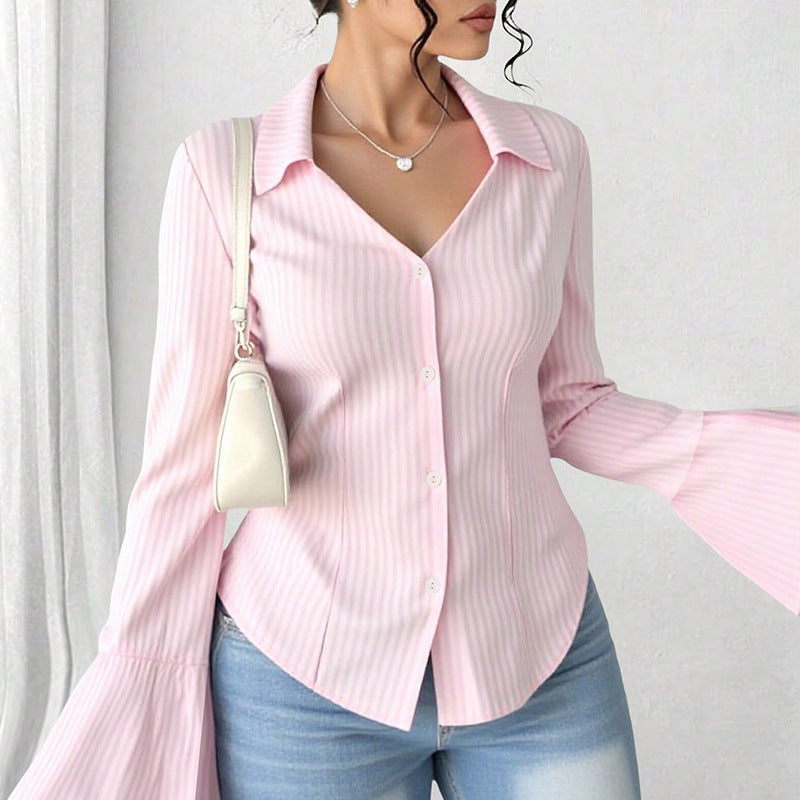 French Striped Cinched Long Sleeve Blouse