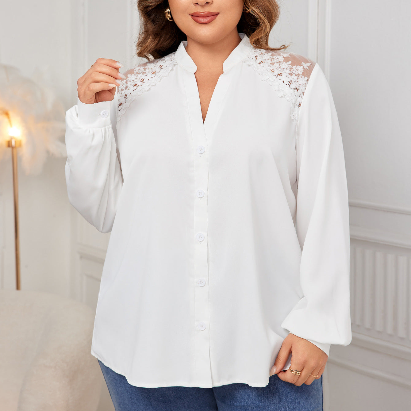 V Neck Lace Stitching Long Sleeve White Shirt