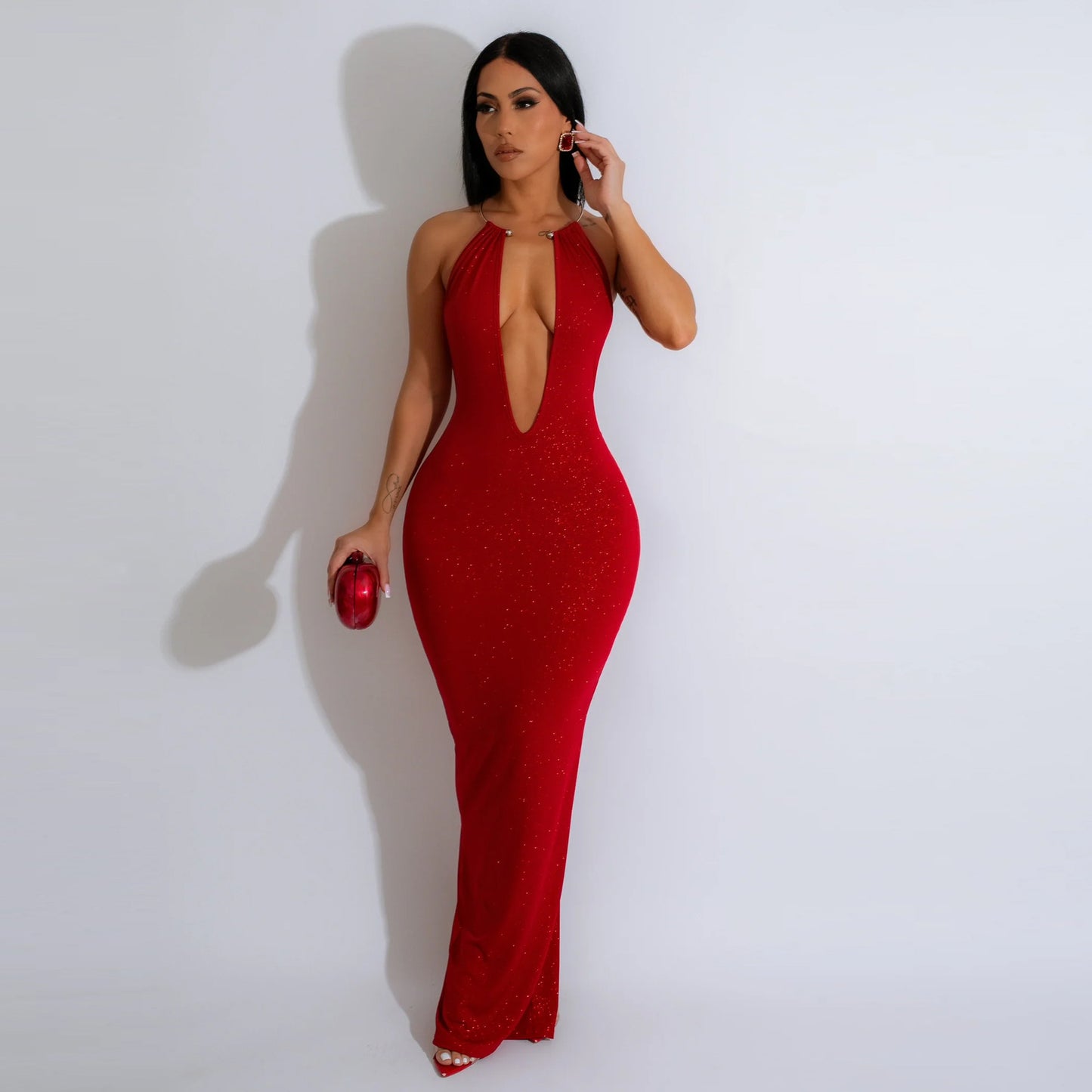 Sexy Dusting Powder Deep V Plunge neck Bare Back Elastic Hip Split Dress