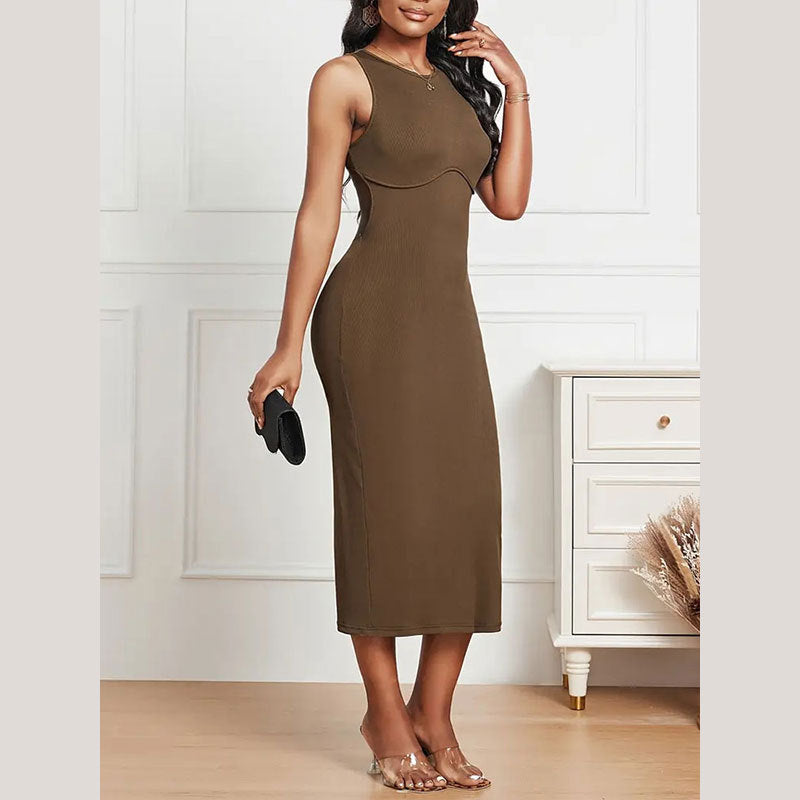 Elegant Slim Fit Round Neck Back Cross Strap Knitted Dress