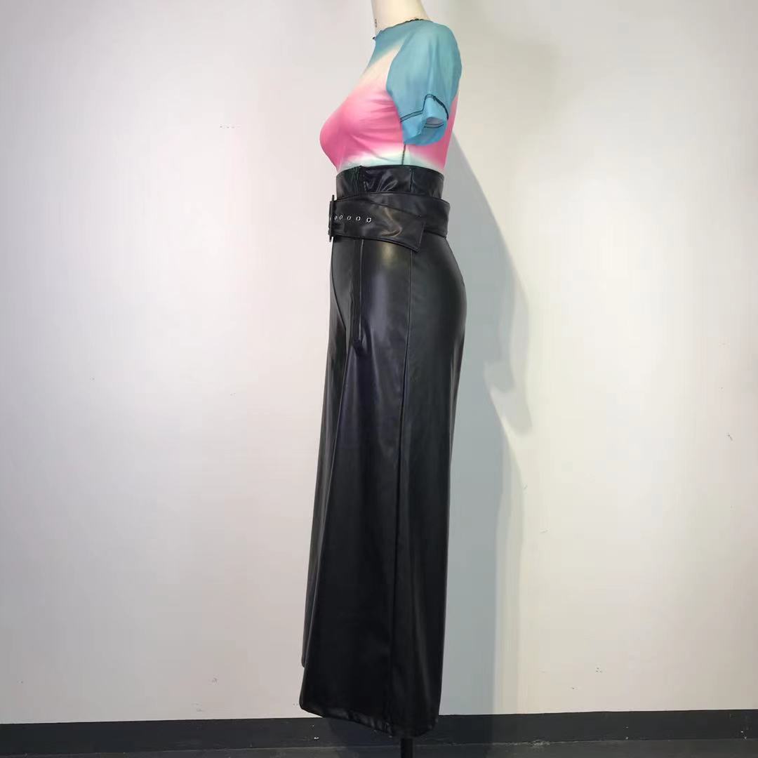 High Waist Faux Leather Wide Leg Pants with Metal Belt