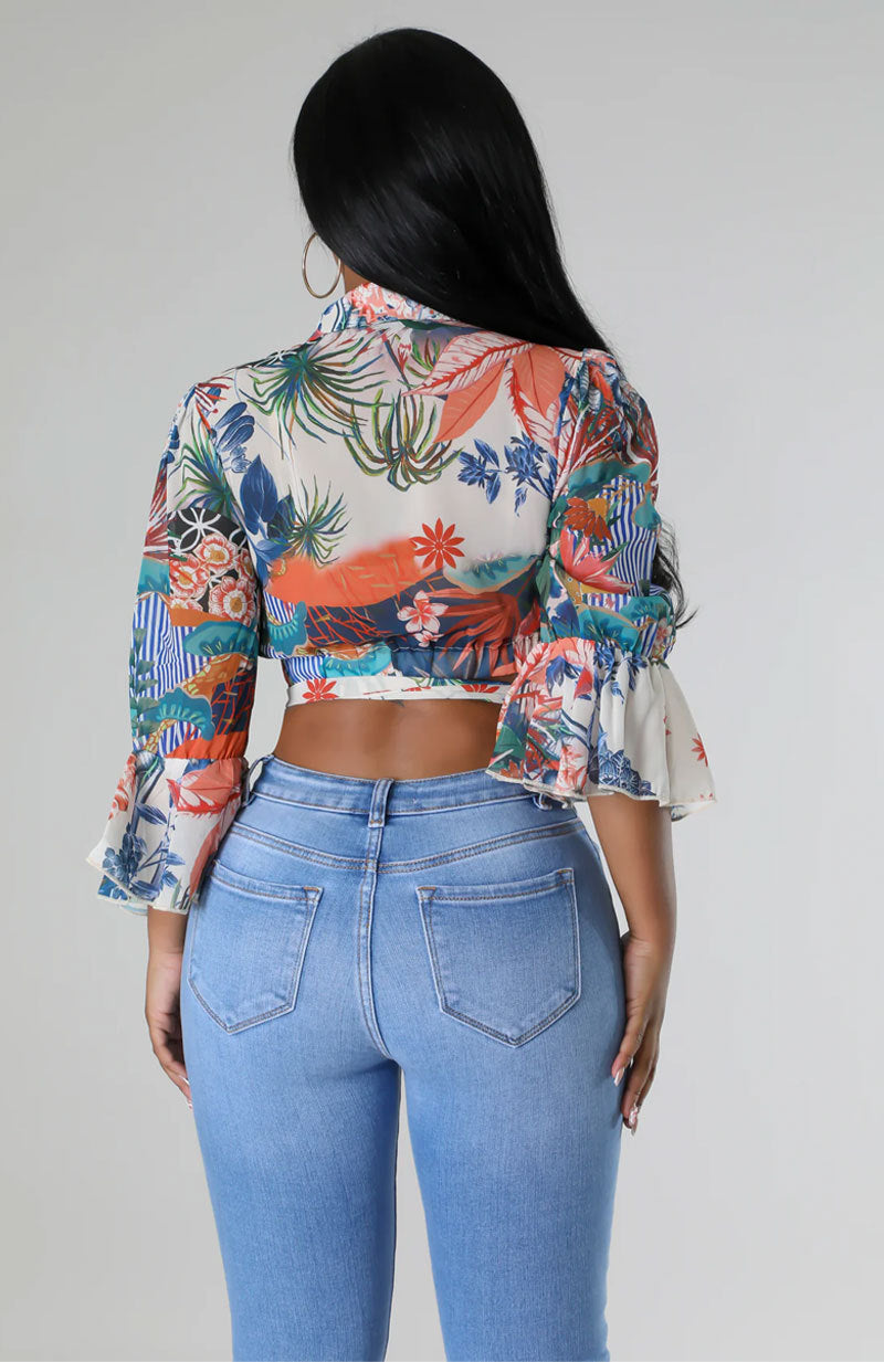 Tropical Printed Ruffle Tie Casual Women's Shirt