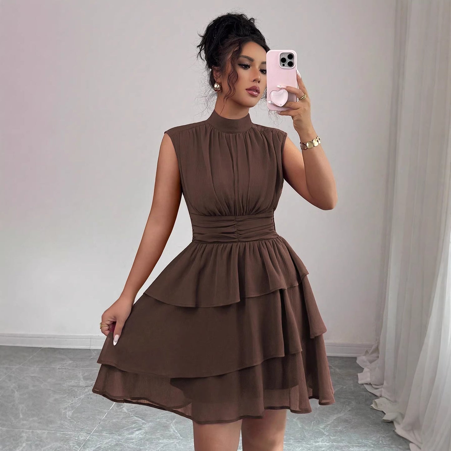 Casual Half Turtleneck Sleeveless Waist Solid Color Cake Layer Short Dress  Shop One Place