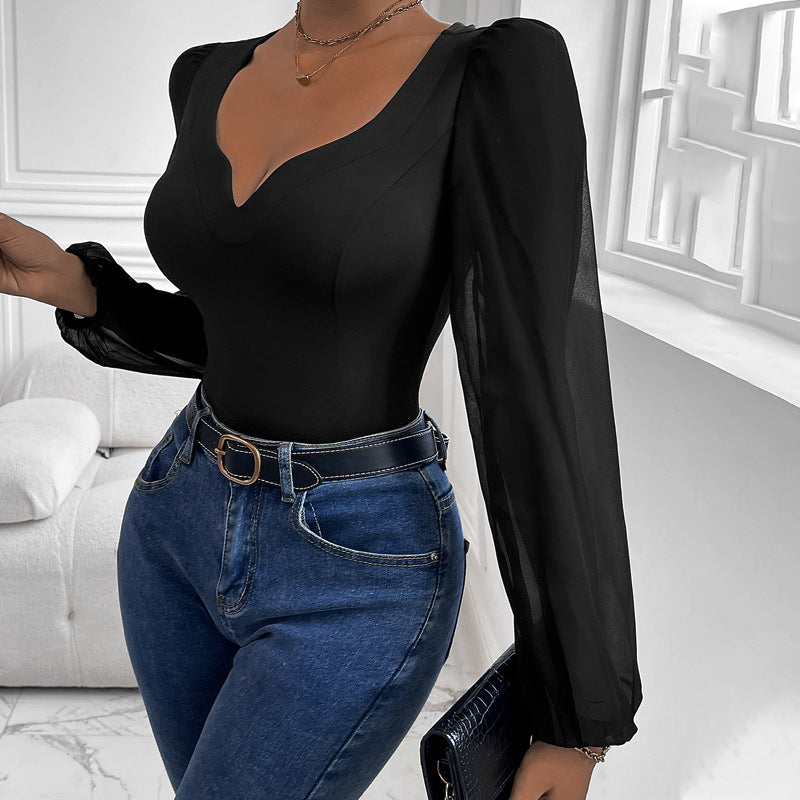 Women Black Mesh Stitching V neck Jumpsuit