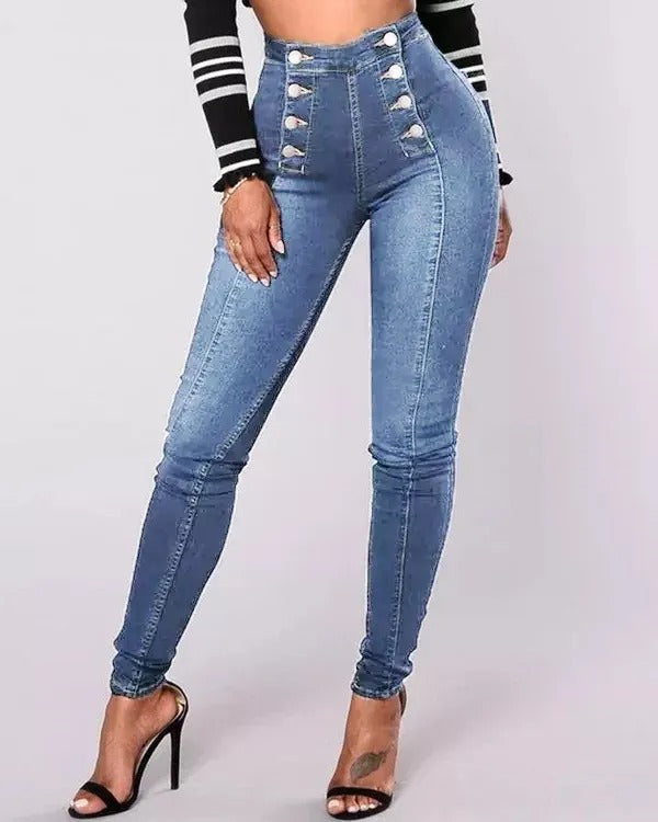 High Waist Double Row Multi Button Slim Stretch Jeans