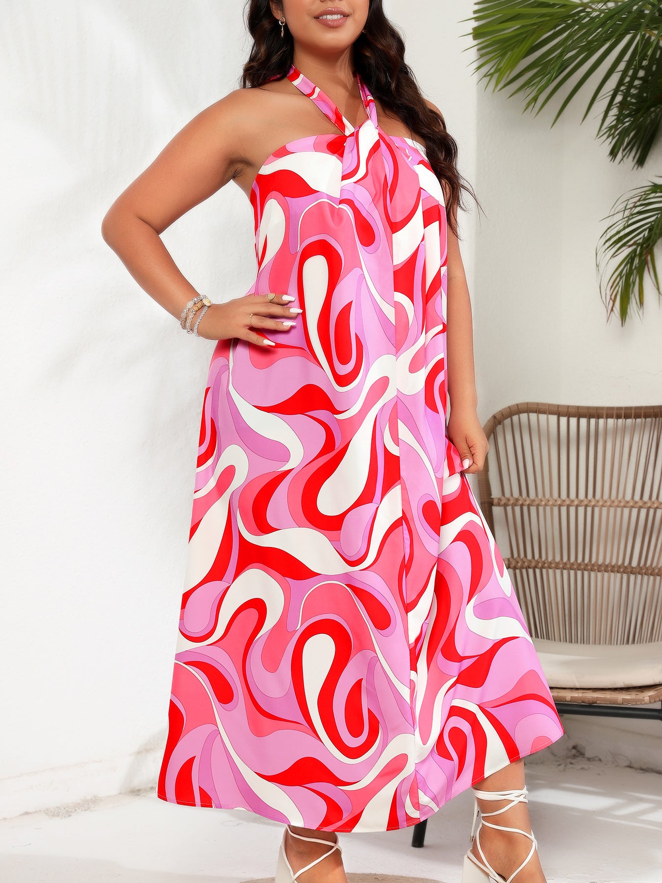 Plus Size Color Drawing Printing Long Halter Chest-Wrapped Dress