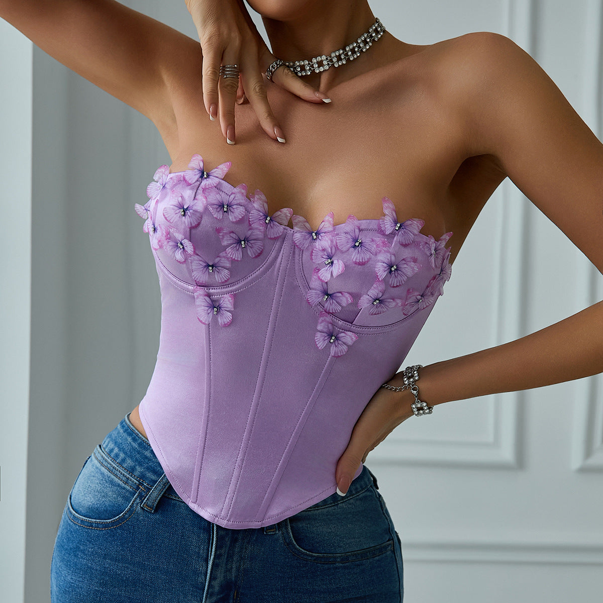 Sexy Low Cut Satin Butterfly Tube Top Diamond Steel Ring Boning Corset Top