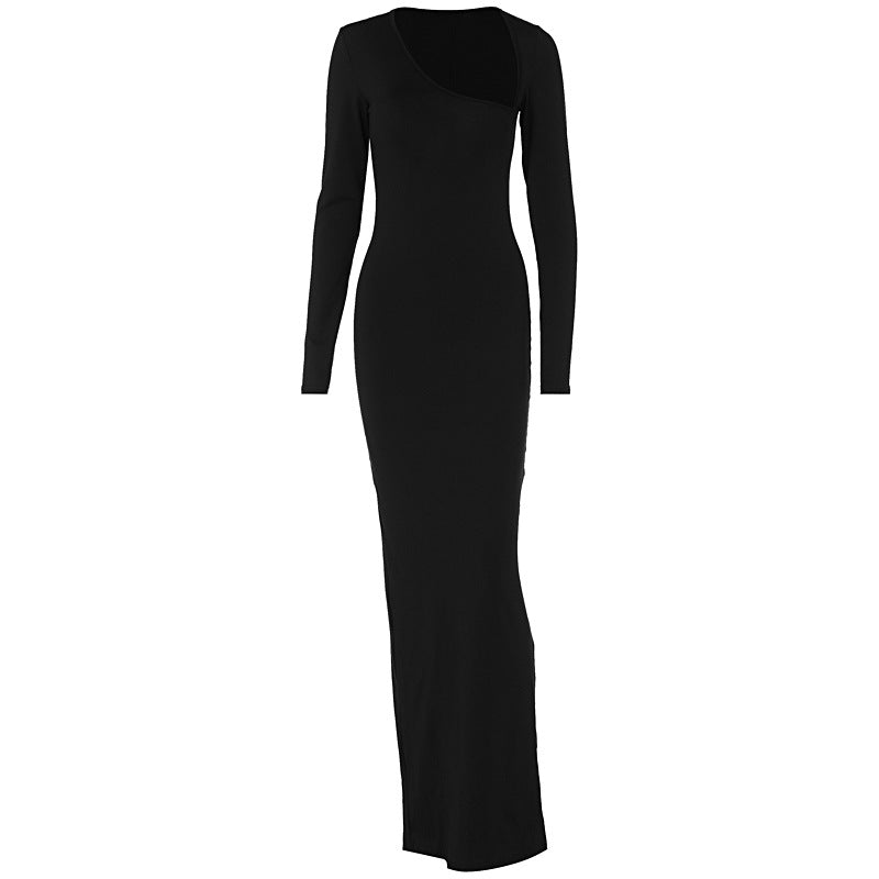 Women's Summer Sexy Slim Fit Slimming Long Sleeves Diagonal Collar Back Slit Dress