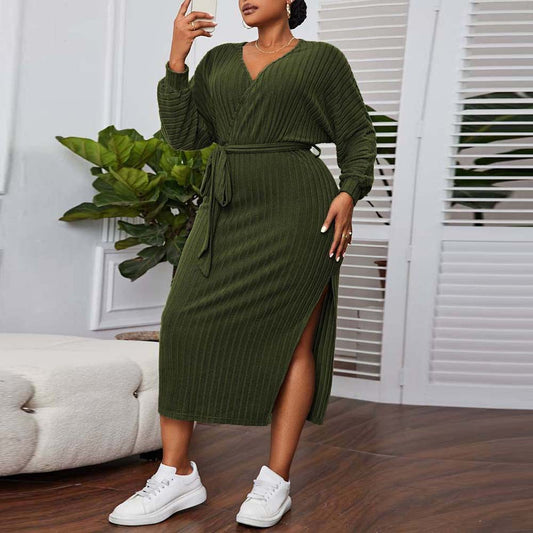 Plus Size Women Clothes V Neck Lantern Sleeve Midi Dress