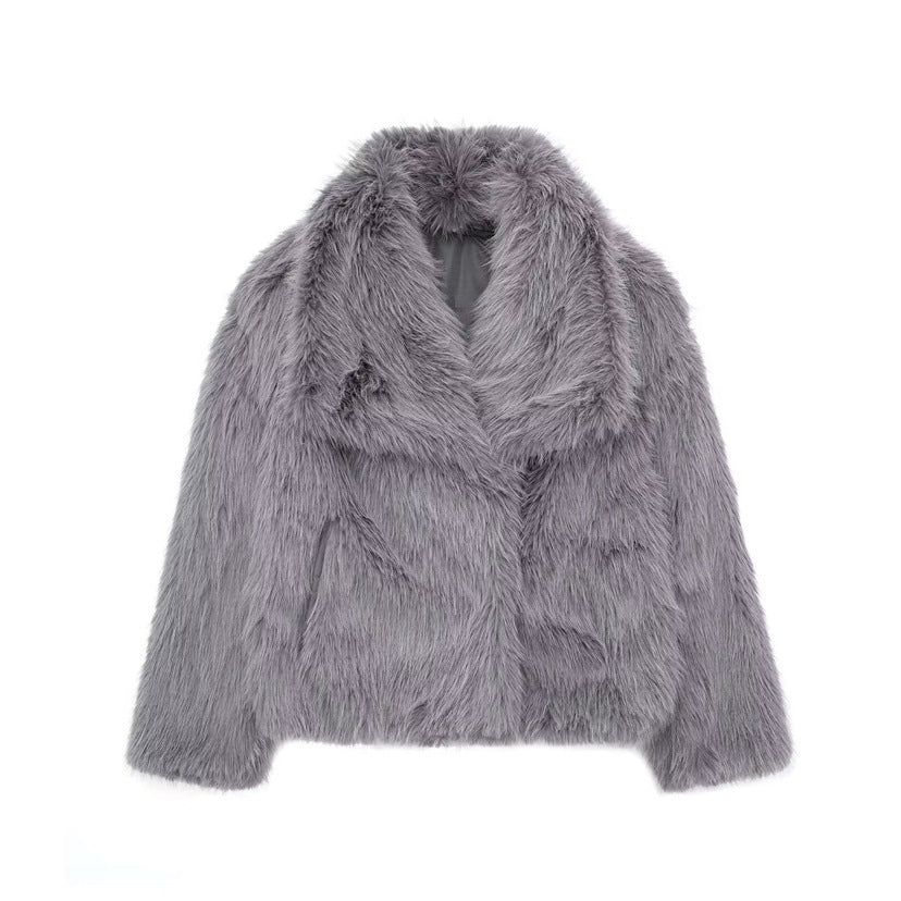 Large Collared Fluffy Plush Artificial Fox Fur Short Coat