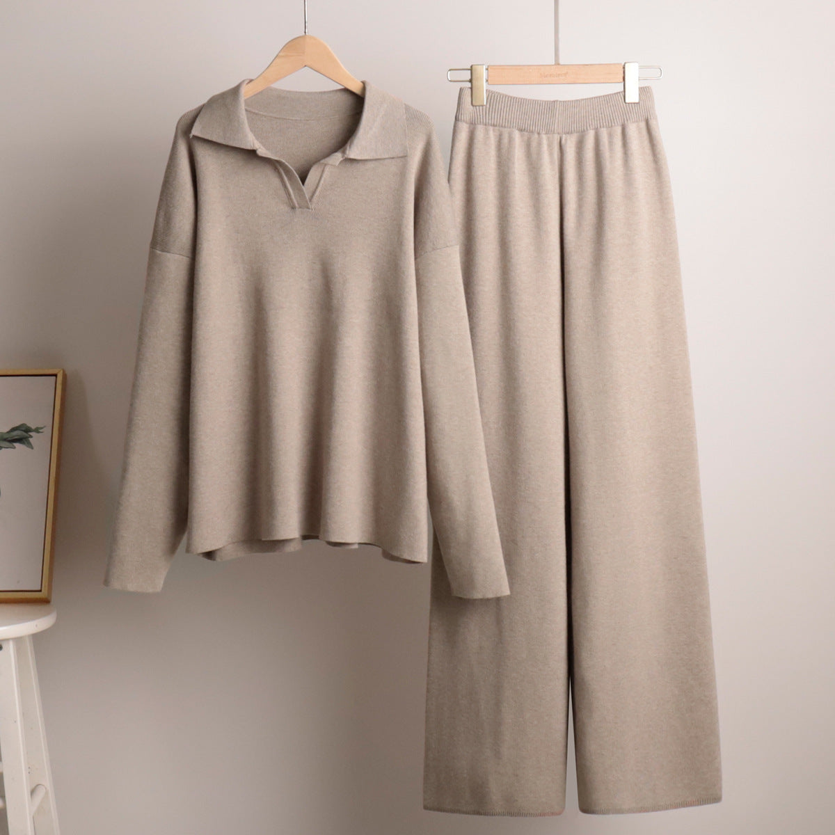 Polo Collar Knitted Pullover Wide Leg Trousers Two Piece Set