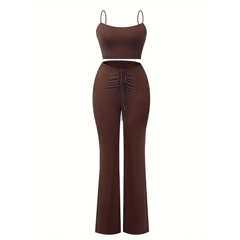 Coffee Two-Piece Set – Ruched Crop Top & Flared Pants  Shop One Place