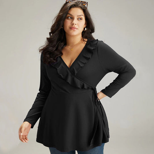 Plus Size Ruffled V neck Waist-Controlled Slimming Top