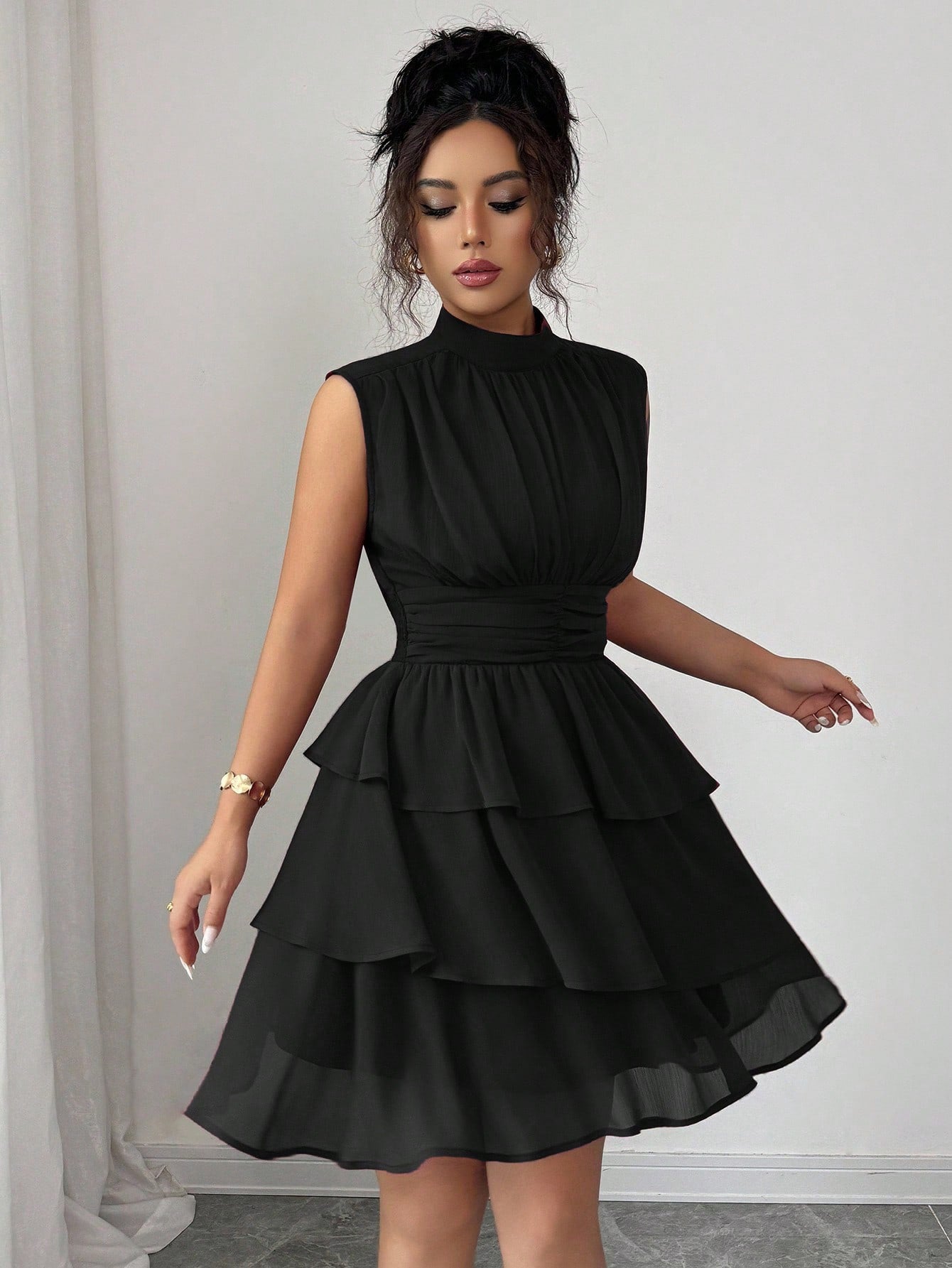 Casual Half Turtleneck Sleeveless Waist Solid Color Cake Layer Short Dress  Shop One Place