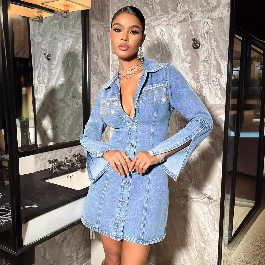 Waist Controlled Slimming Long Sleeve Denim Tassel Dress