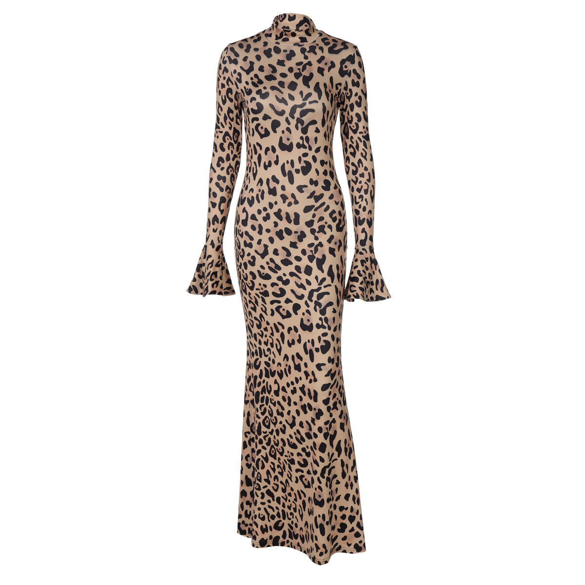 High Collar Long Sleeve Leopard Print Slim Fit Dress