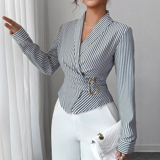 Striped Asymmetric Button Blouse