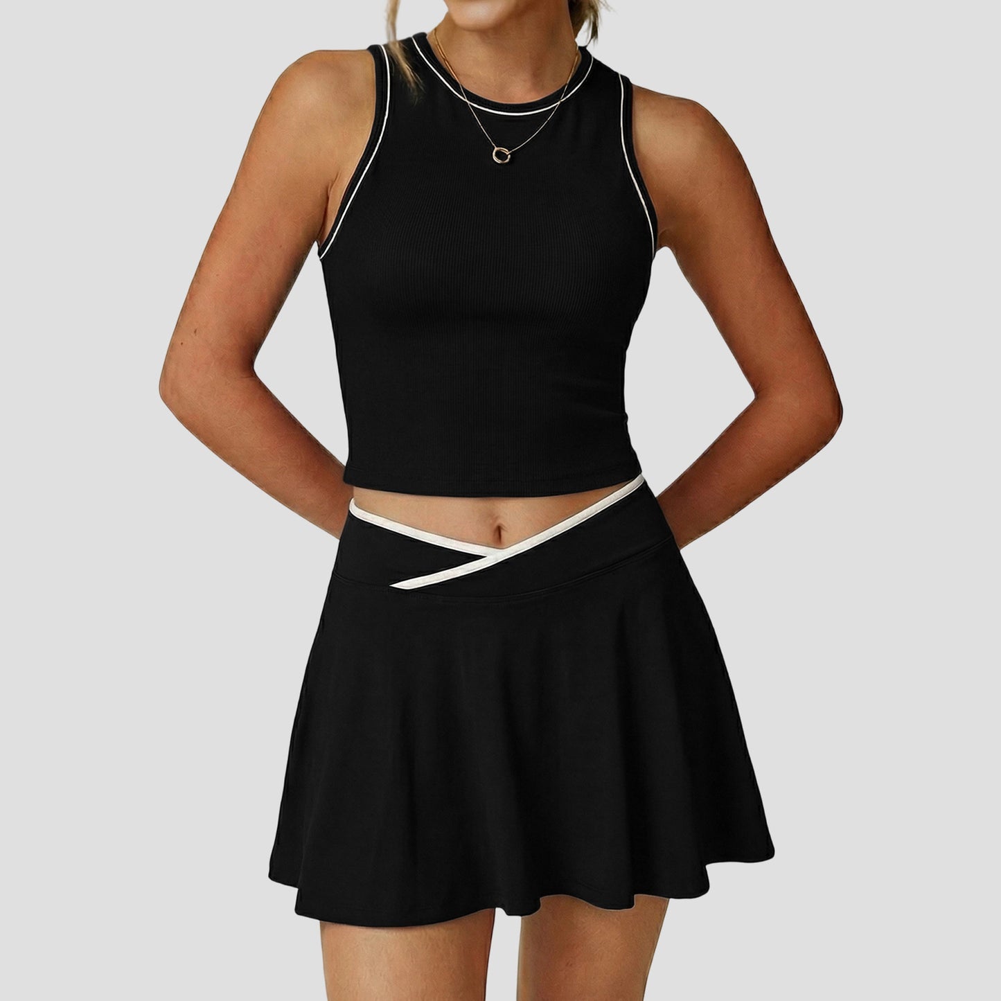 Tennis Skirt Set Golf Half Length Patchwork Skirt Sports Casual Contrast Color Badminton Clothes Outfit (Runs Small)  Shop One Place