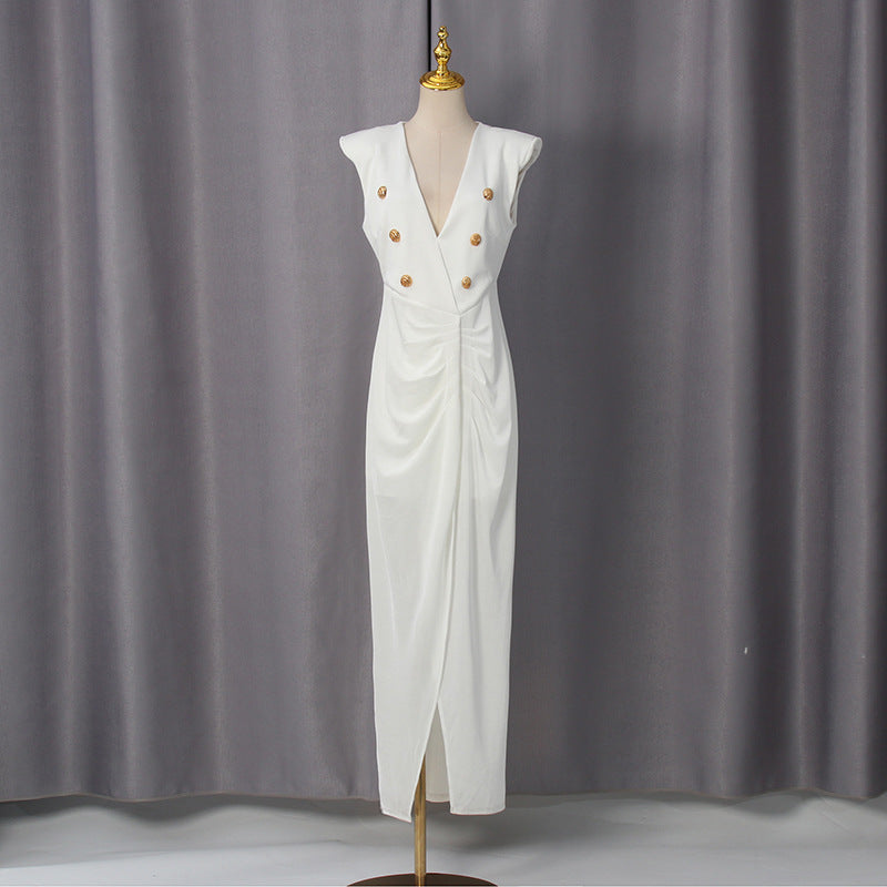 Spring V neck Sleeveless Design Split Dress Tight Waist Slimming Metal Decorative Dress Women  Shop One Place
