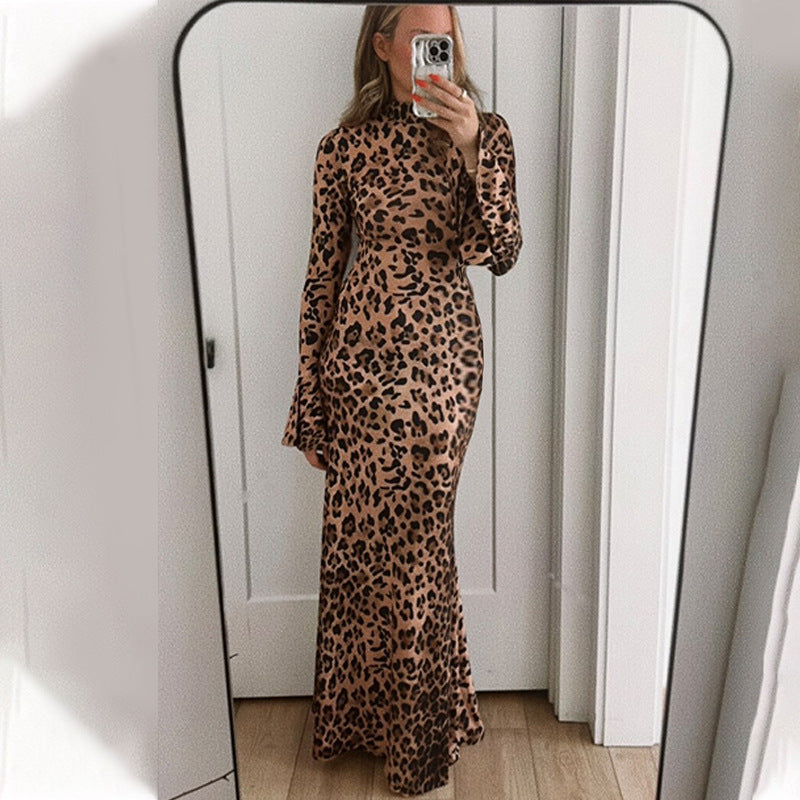 High Collar Long Sleeve Leopard Print Slim Fit Dress