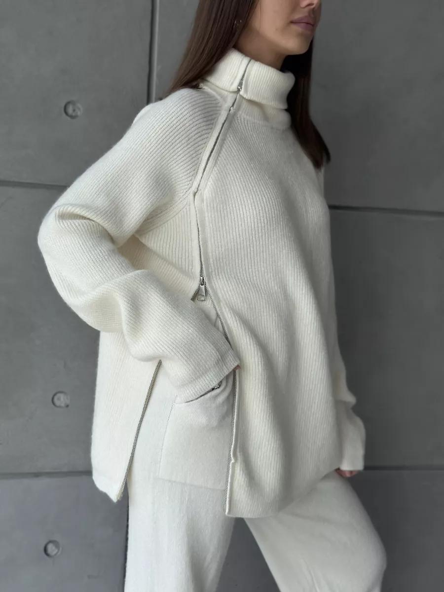 High Collar Zipper Knitted Sweater Wide Leg Two Piece Suit