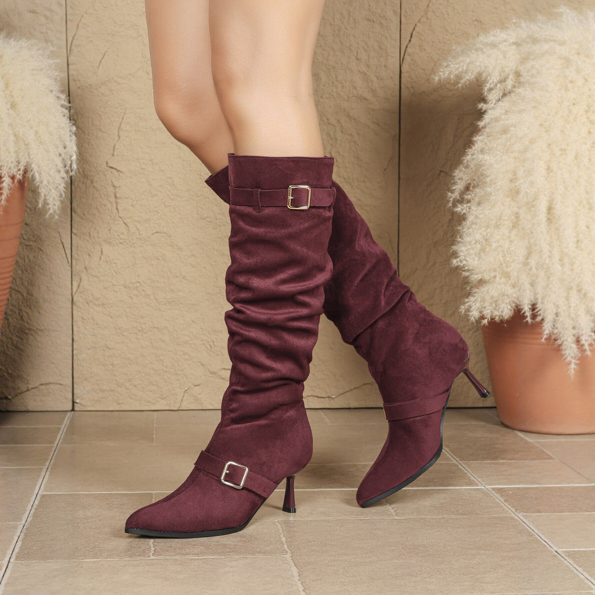 Women's Suede Pointed Toe Stiletto Knee High Boots