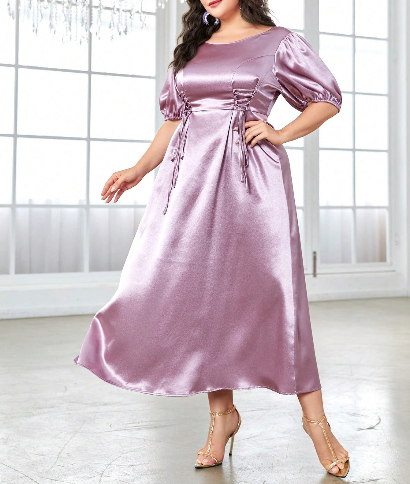 Plus Size Drawstring Waist-Tight Short Sleeve Long Pattern Dress