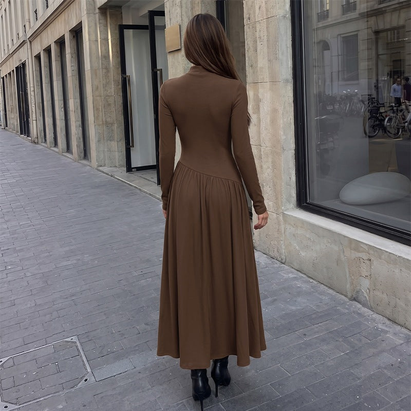 Casual Laid Back Solid Color Half Collar Stitching Long Sleeve Dress  Shop One Place