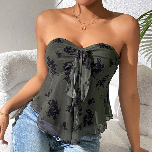 Summer Twist Strap Vest Sexy Sexy Mesh Floral Print Tube Top